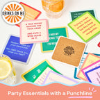 A Bible Coaster by Drinks On Me, featuring humorous quotes, sits on a table with a glass of orange drink—fun bar cart accessory or perfect housewarming gift with party-ready punchlines.
