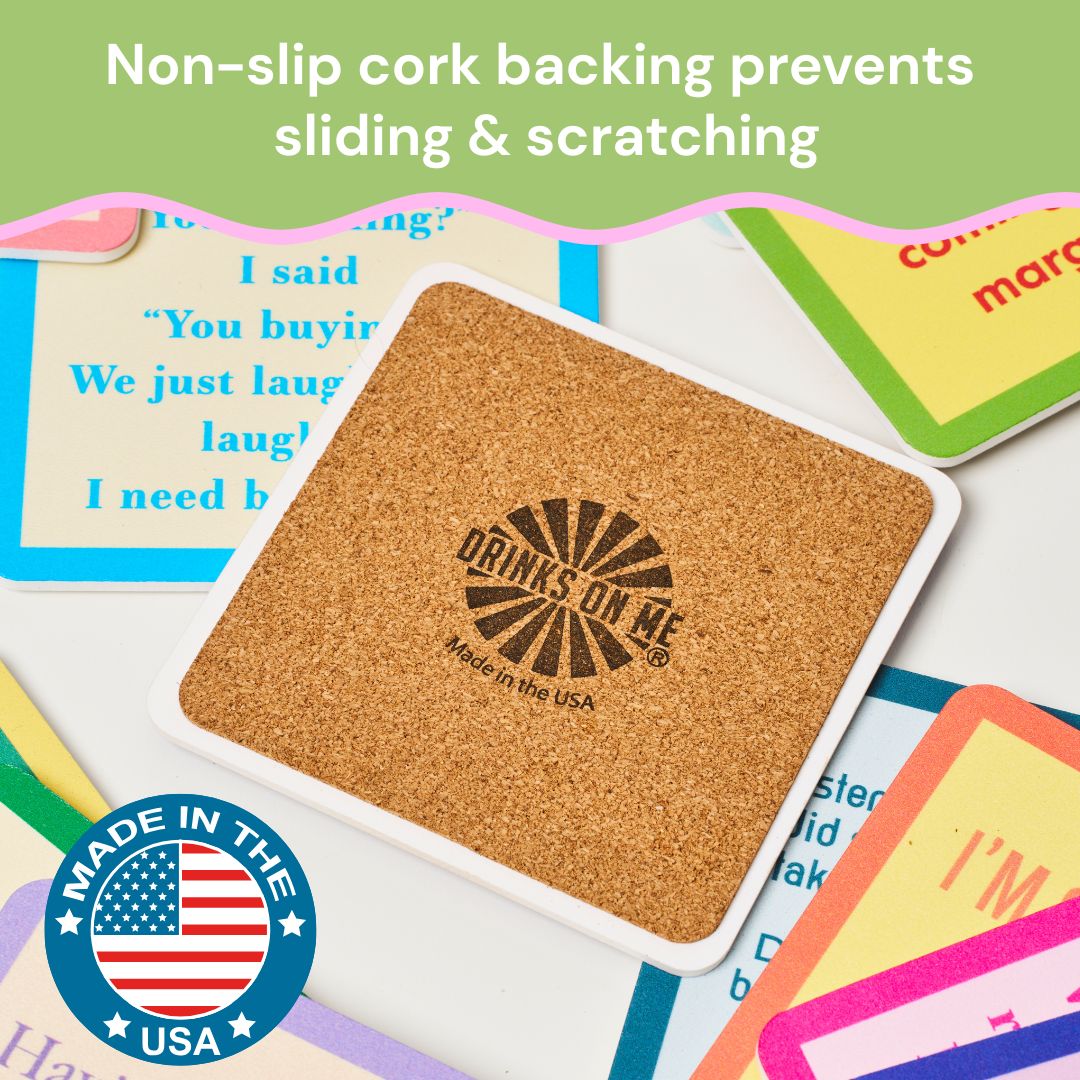 A square cork Bible Coaster by Drinks On Me features a "Made in the USA" badge and is surrounded by colorful, humorous coasters—perfect for your bar cart accessories.