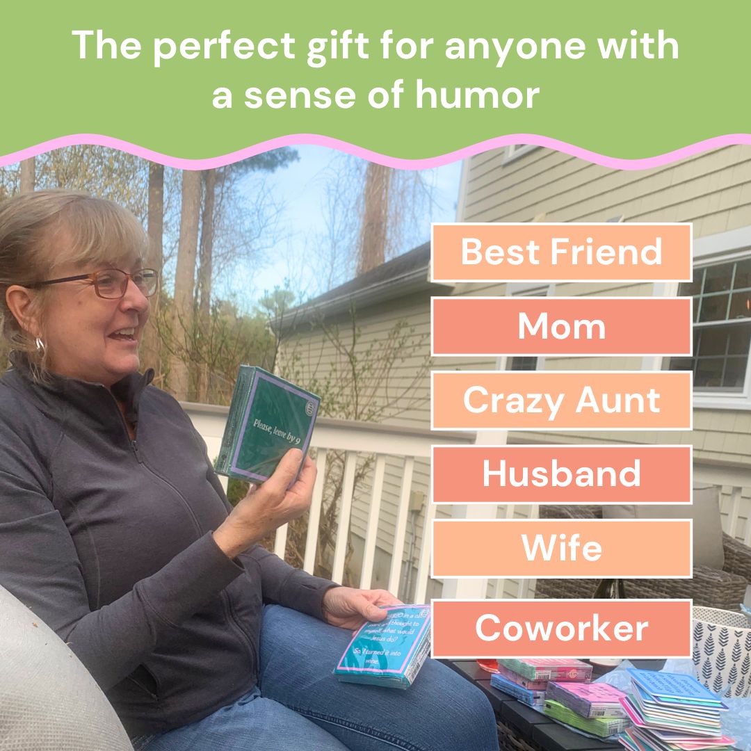 A woman relaxes outside, smiling as she holds a Drinks On Me Bible Coaster—a hilarious gift for anyone with a sense of humor: Best Friend, Mom, Crazy Aunt, Husband, Wife, or Coworker.
