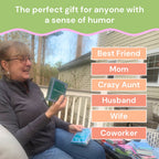A woman relaxes outside, smiling as she holds a Drinks On Me Bible Coaster—a hilarious gift for anyone with a sense of humor: Best Friend, Mom, Crazy Aunt, Husband, Wife, or Coworker.